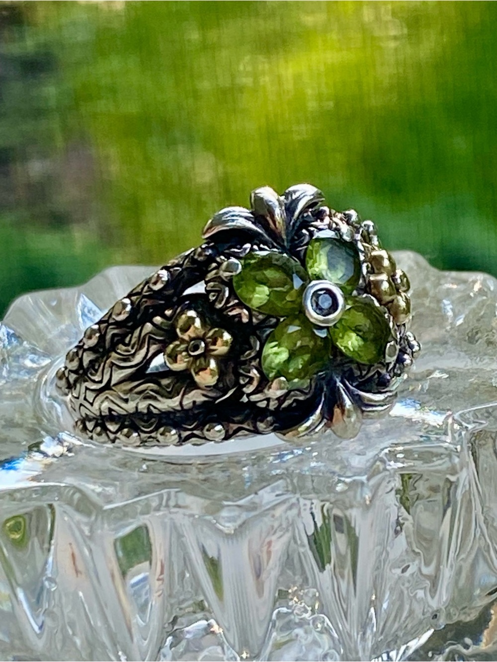 Barbara Bixby Sterling Silver + 18k Gold Peridot Ring Gemstone Flower